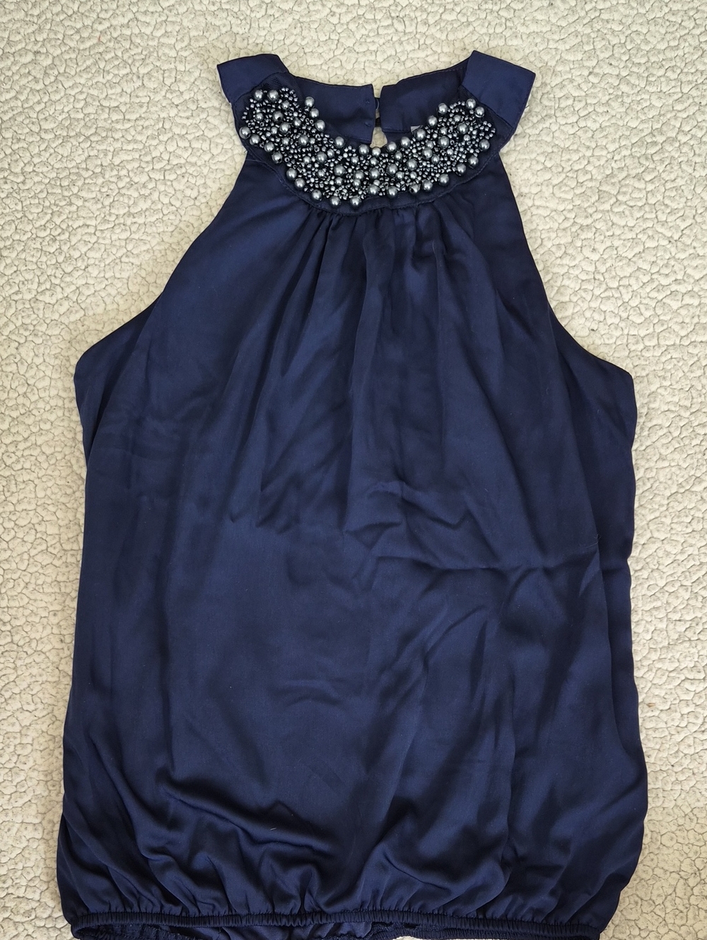 Navy Blue Halter Top Embellished Beaded Neckline Bubble Hem Blouse Sleeveless